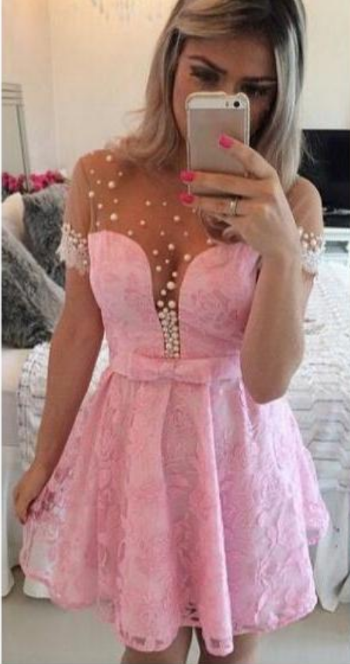 Mini A-line Lace Homecoming Dresses,short Sleeves Prom Dresses With Bowknot,homecoming Dress
