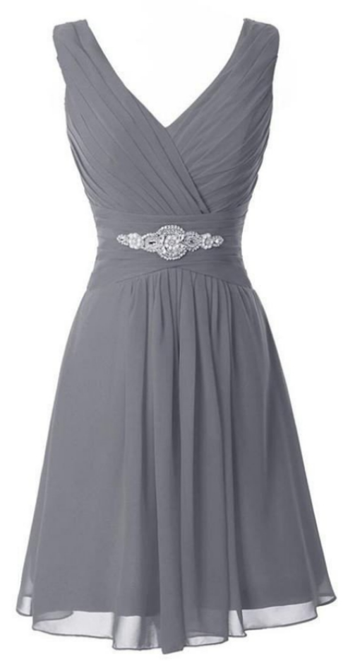 V-neck Simple Grey Chiffon Beading Comfy Homecoming Dresses