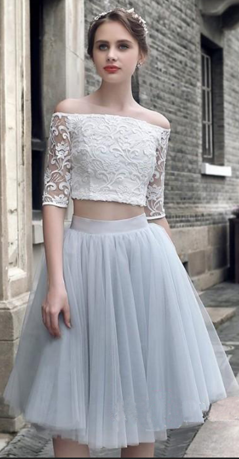 Two Piece A-line Off-the-shoulder Half Sleeves Knee Length Homecoming Dress With Lace