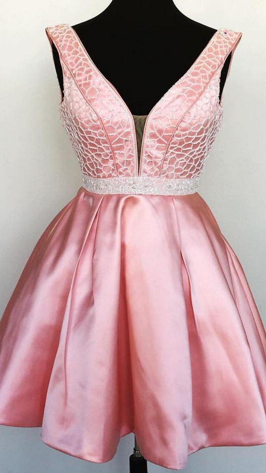 Satin Deep V Neck Homecoming Dresses Beaded Waist Short Prom Gowns,sweetheart Homecoming Dresses,
