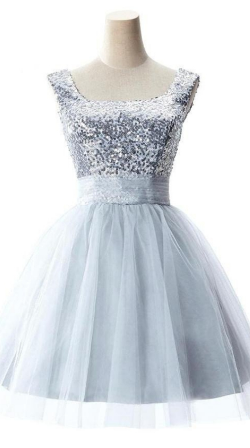 Cute Short Girly Silver Homecoming Dresses With Straps