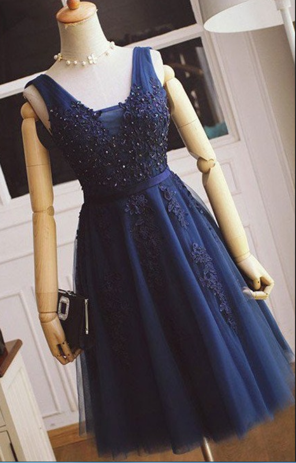 Navy Blue Appique Beaded Strapless Homecoming Dress