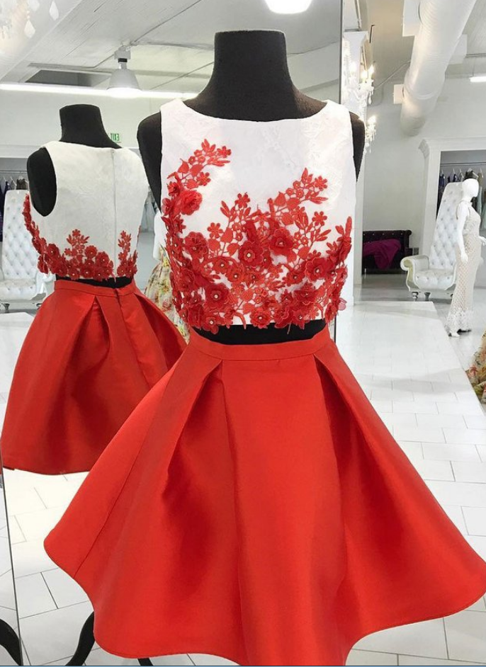 Red Two Piece Homecoming Dresses,cute Appliqued Satin Homecoming Gown