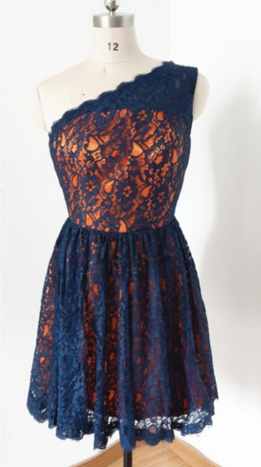 Short Lace Homecoming Dress , Sleeveless One-shoulder Short/mini Lace Zipper Dresses