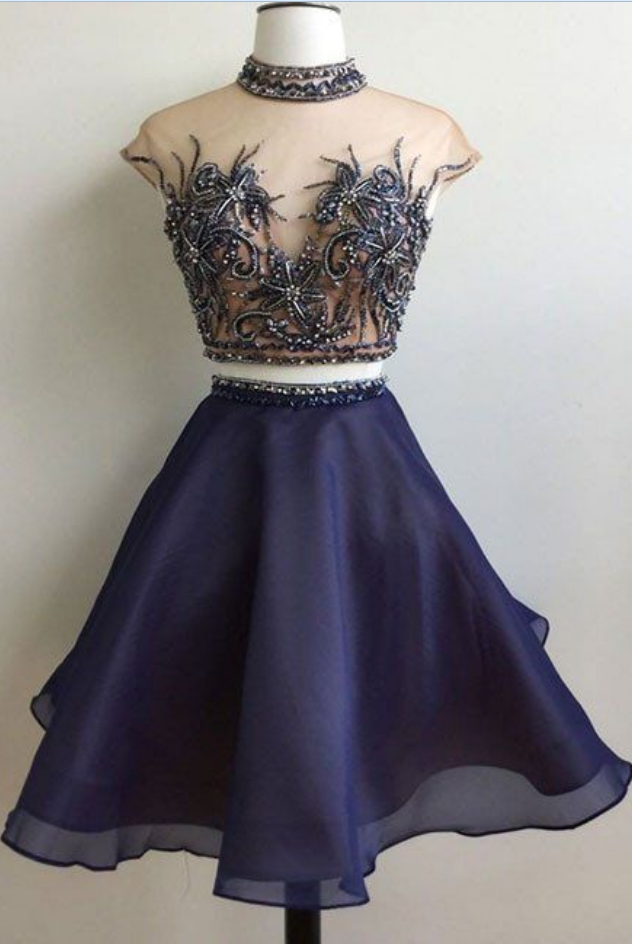 open lace back dress Two Piece Dark Blue A-Line Satin Short Prom Dresses Homecoming Dress Custom Size / Burgundy
