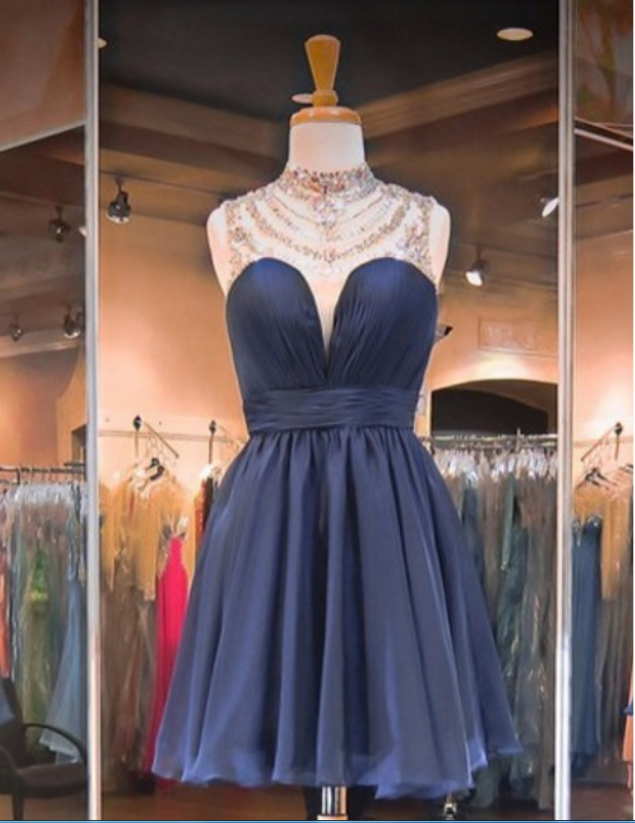 Delicate Navy Blue High Neck Sleeveless Illusion Chiffon Short Open Back Homecoming Dress With Beaded Neckline