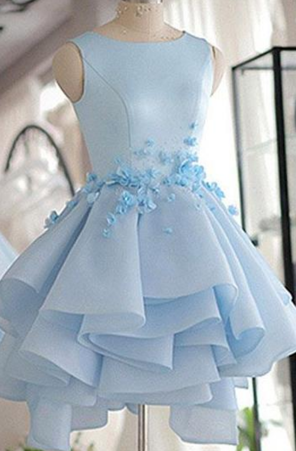 Sky Blue Flowers Homecoming Dress,a-line Scoop Neck Prom Dress