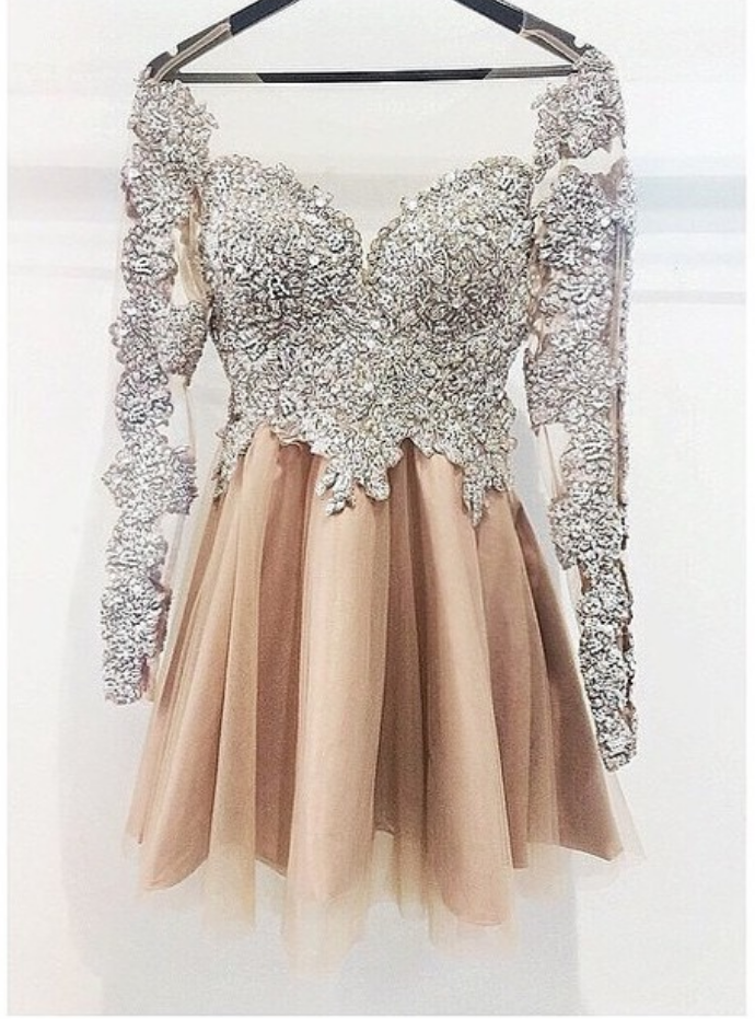 Long Sleeves Silver Champagne Cute Homecoming Dress,vintage Short Prom Dress Homecoming Dresses,short Party Prom Gowns For Teens Junior Girls