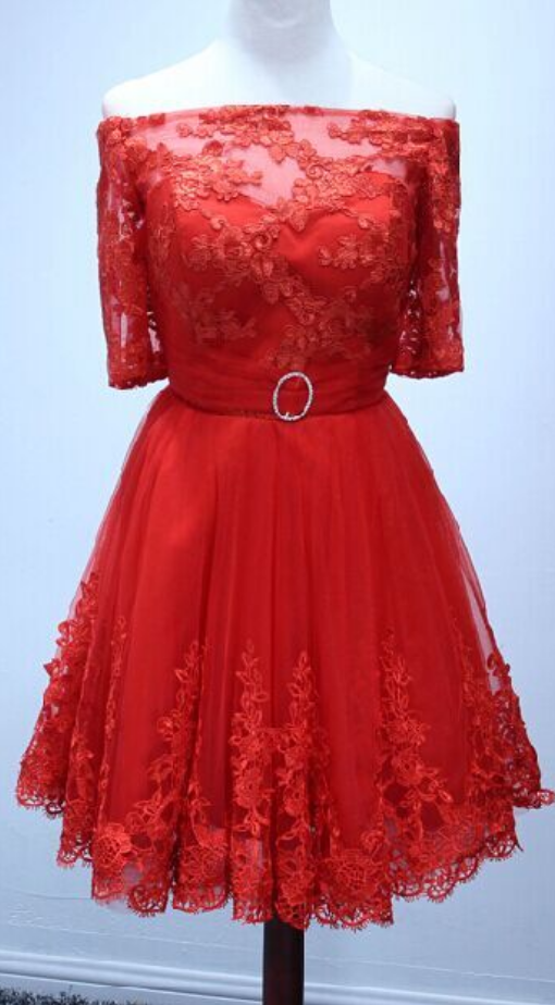 Homecoming Dress Half Sleeve Red Lace Short Homecoming Dress Short Prom Dress
