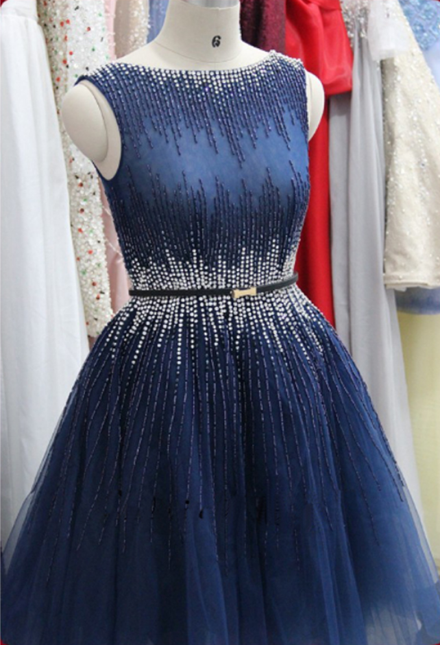 Real Photo Navy Blue Prom Dresses Short Rhinestones Heavily Beaded See Through Back Luxury Vestidos Curtos Formatura