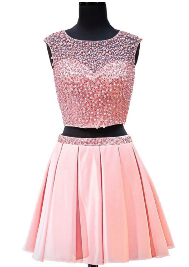 Lovely 8th Grade Prom Dresses A-line Scoop Pearls Beaded Two Piece Short Pink Backless Short Homecoming Dresses