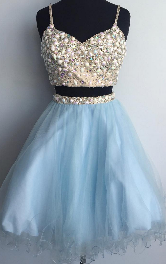 Baby Blue Two PiecesHomecoming Dress, Beadings Tulle Homecoming Dress ...