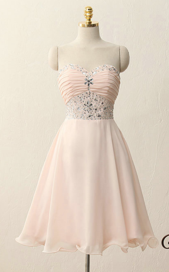 Short Pink Homecoming Dress With Ruched Sweetheart Beaded Embellished Bodice