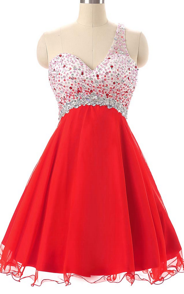 Sparkly Red Homecoming Dresses,short Prom Dresses,one Shoulder Beaded Chiffon Mini Graduation Dresses