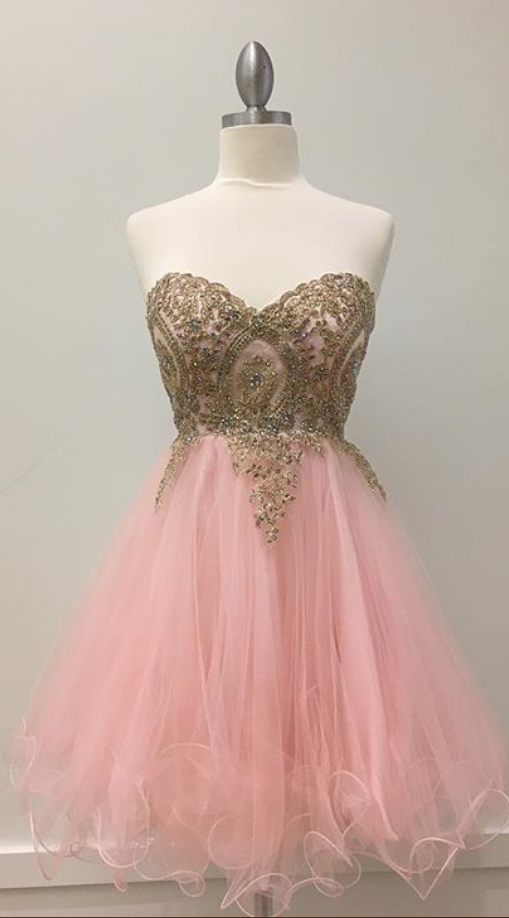 Baby Pink Chiffon Homecoming Dress ,sweetheart Crystal Homecoming Dress