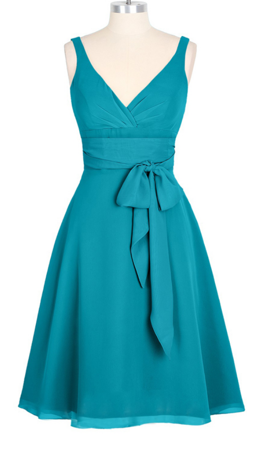 A-line V-neck Chiffon Short Backless Turquoise Homecoming Dress Bridesmaid Dress With Sash
