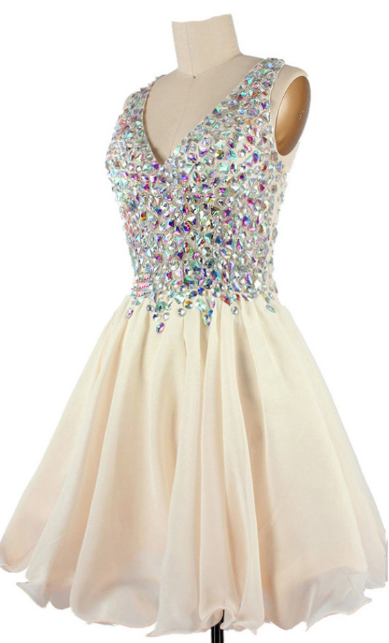 Short A-line Homecoming Dress With Plunging Neckline And Iridescent Beads