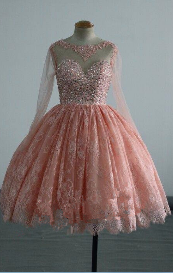 Lovely Pink Teen Homecoming Dresses, Long Sleeves Formal Dresses, Lace And Tulle Short Prom Dresses ,mini Cocktail Dresses