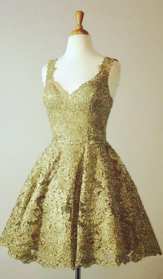 Gold Lace Homecoming Dresses,short A Line Prom Dresses,elegant Cocktail Dress,semi Formal Dresses