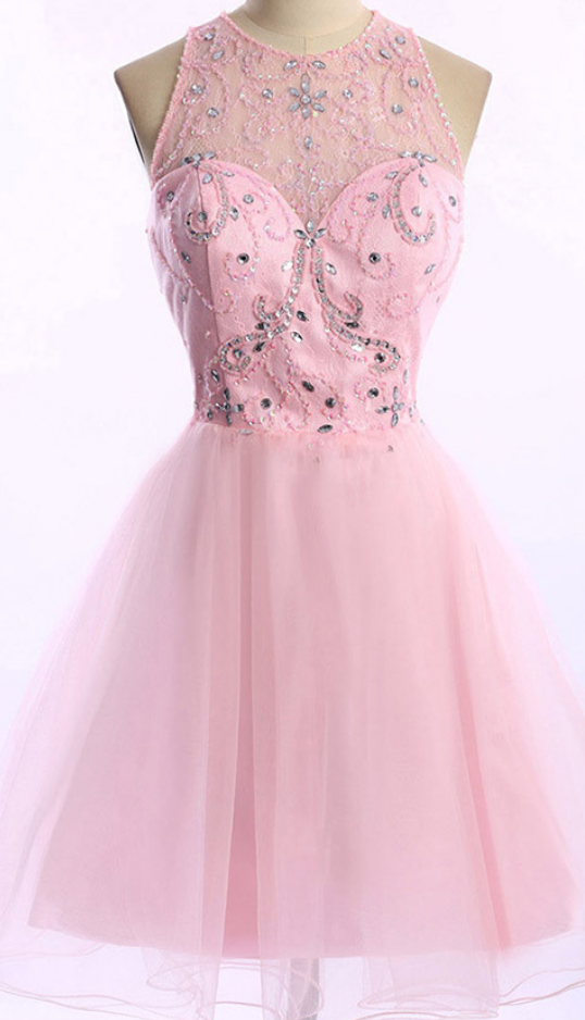 Pink Illusion Prom Dresses, Amazing Tulle Beaded Prom Dresses, Mini-length High Neck Homecoming Dresses