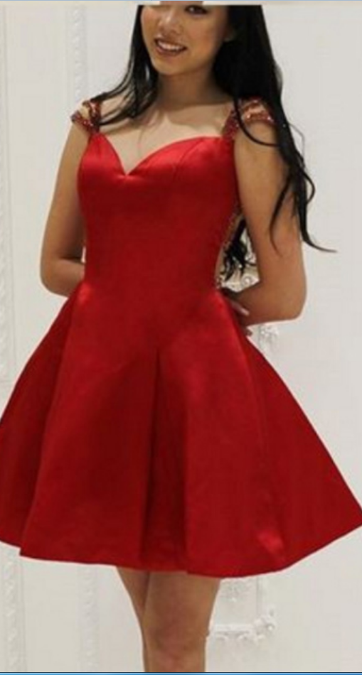 A-line Stain Beading Prom Dress Homecoming Dress,red Mini Prom Dress Homecoming Gown,beads Short Party Dress
