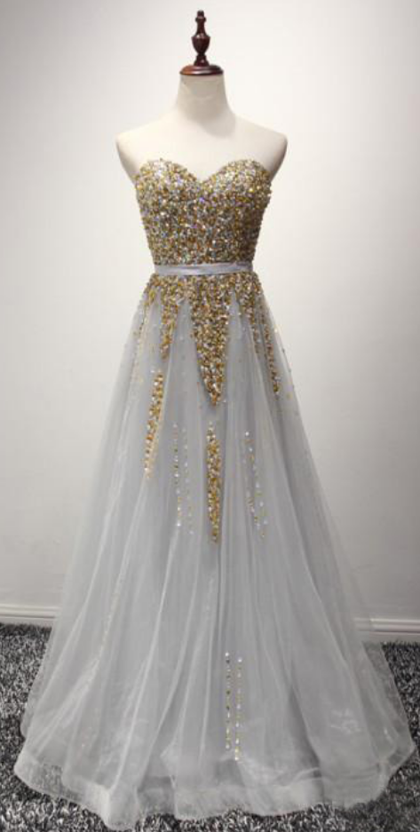 Sparking Silver Party Prom Dresses Sweetheart Gold Beaded Princess A Line Evening Formal Gowns