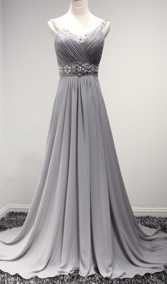 Grey Chiffon Women Party Dresses,evening Dresses,long Sexy Party Dresses, V-neck Backless Beads Prom Gowns,formal Dresses