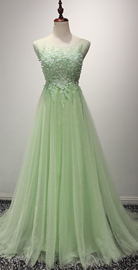 Light Green Tulle Prom Dresses Lace Appliques Women Party Dresses