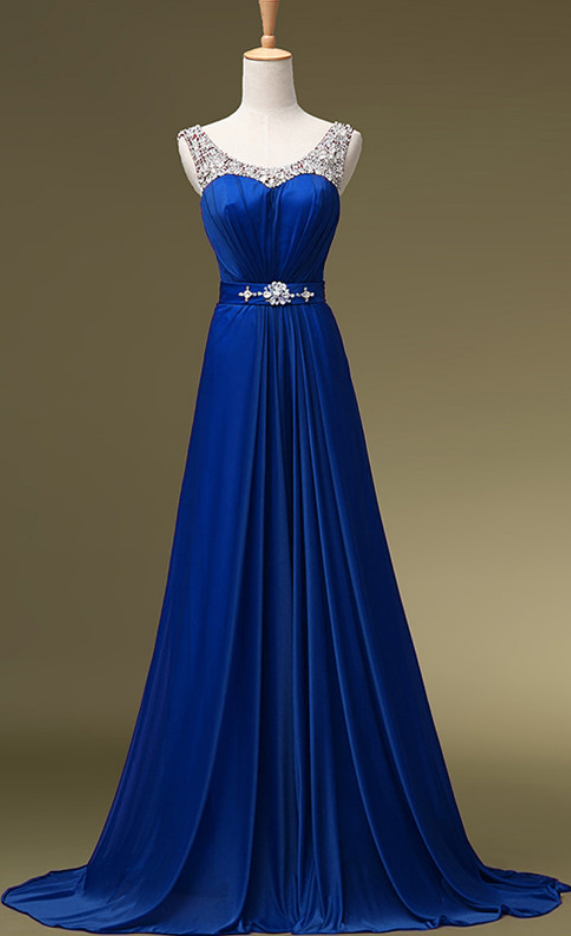 Royal Blue Chiffon Prom Dresses Crystals Women Party Dresses