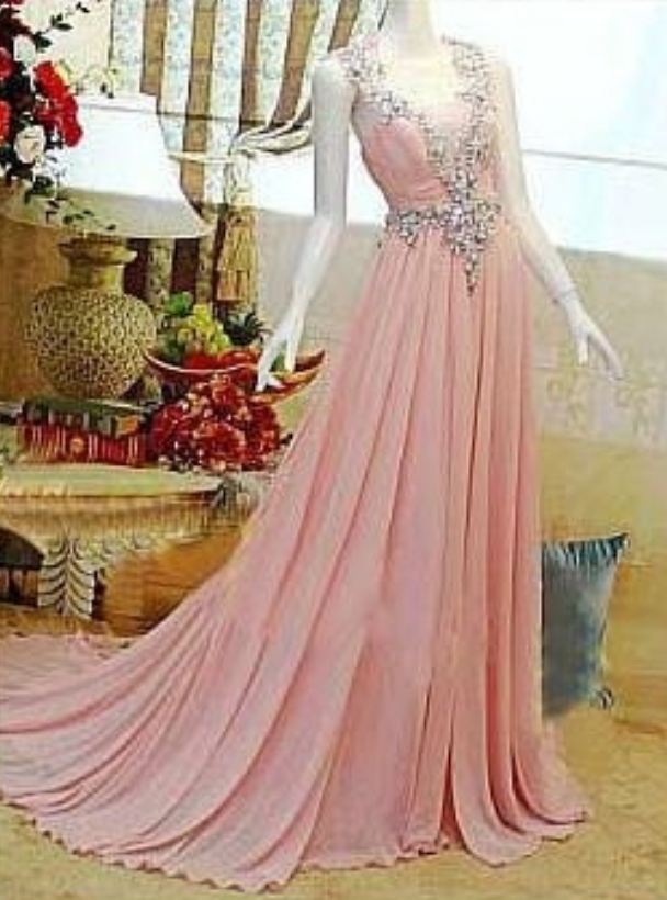 Sexy Crystal Prom Dresses, Long Chiffon Party Dresses, Pleat Beaded Formal Party Dresses