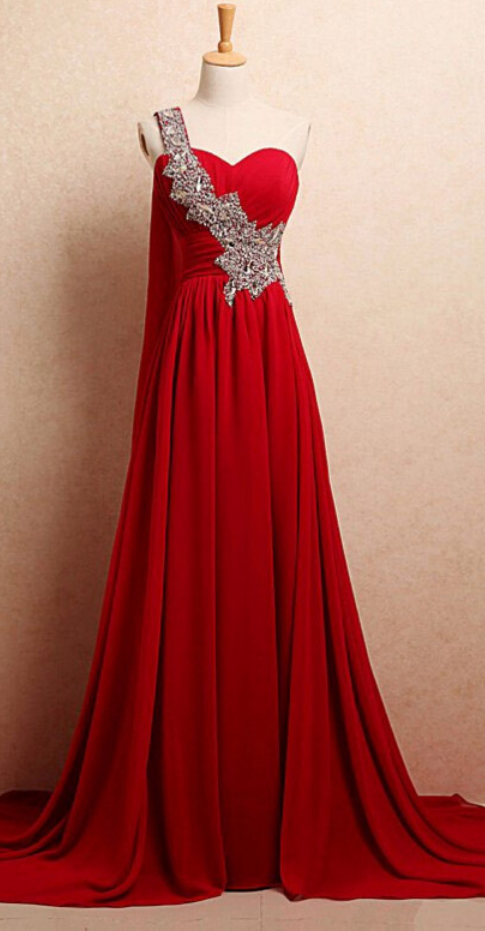One Shoulder Long Red Chiffon Prom Dresses Crystals Women Party Dresses