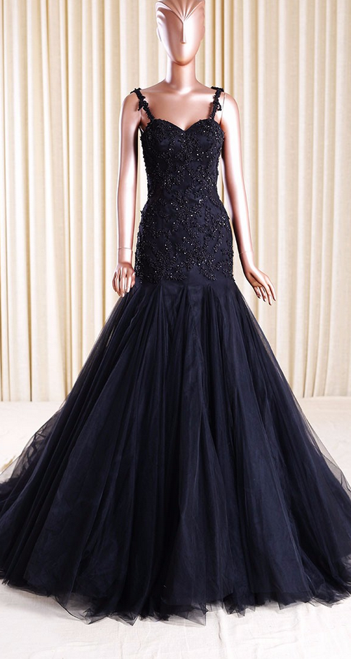 Black Mermaid Tulle Prom Dresses Spaghetti Straps Lace Women Party Dresses