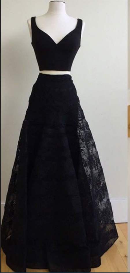 Two Pieces Long Black Lace Prom Dresses V-neck Women Party Dresses