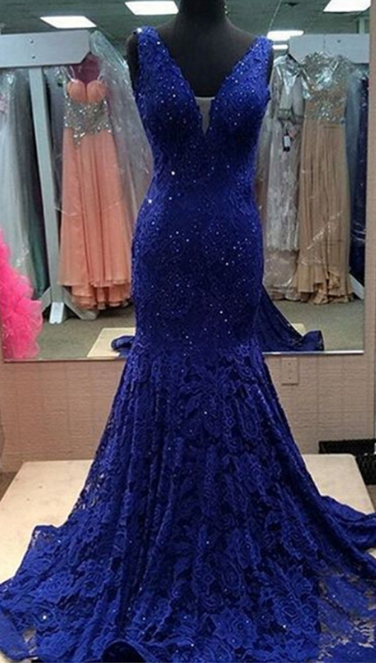Dark Blue Lace Prom Dresses Deep V-neck Mermaid Women Party Dresses