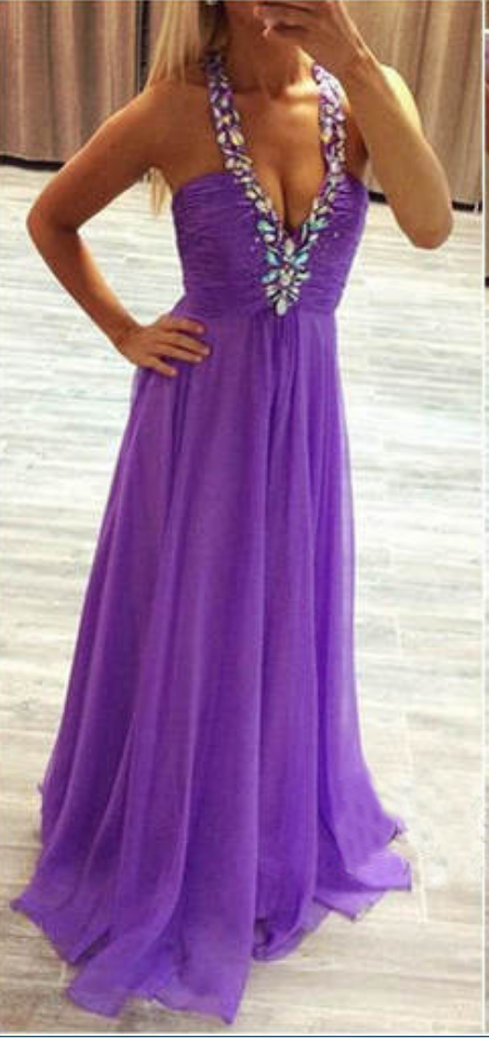 Halter Neck Purple Chiffon Prom Dresses Floor Length Crystals Women Party Dresses