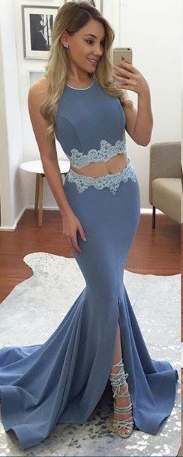 Two Pieces Prom Dresses,mermaid Prom Dresses,appliques Prom Dresses,blue Prom Dresses,open Back Prom Dresses,split Prom Dresses,party