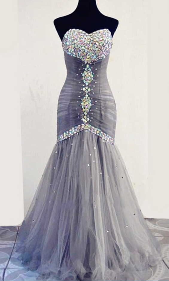 Long Formal Evening Dresses Custom Made Sweetheart Grey Crystal Floor Length Meimard Prom Dresses Party Gowns