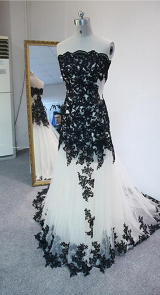 Strapless Mermaid Tulle Prom Dresses Black Appliques Floor Length Party Dresses