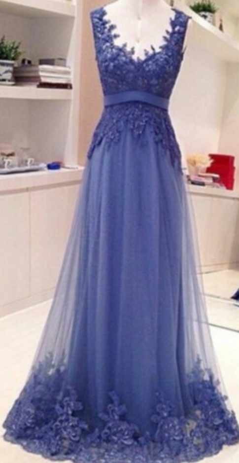 Long Tulle Appliques Prom Dresses Backless Party Dresses
