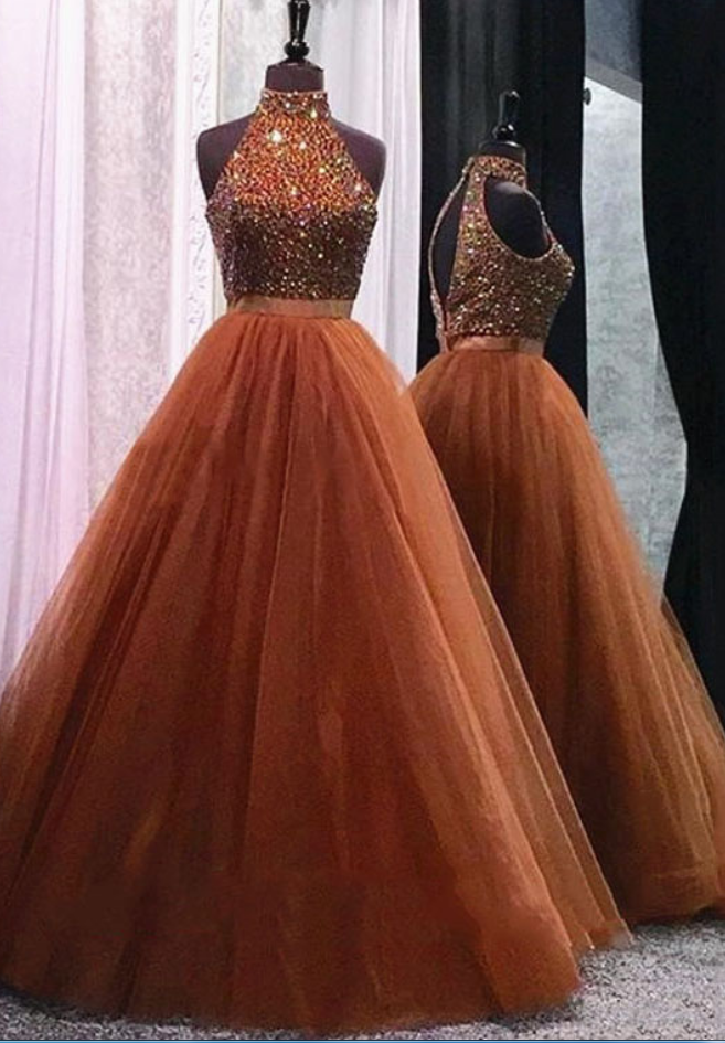 High Neck A-line Tulle Prom Dresses With Crystals Floor Length Party Dresses Custom Made Women Dresses