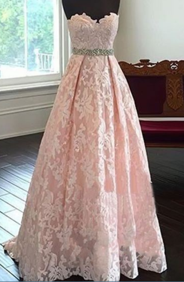 Sweetheart Neck Long Lace Prom Dresses With Crystals Floor Length Party Dresses Custom Made Women Dresses
