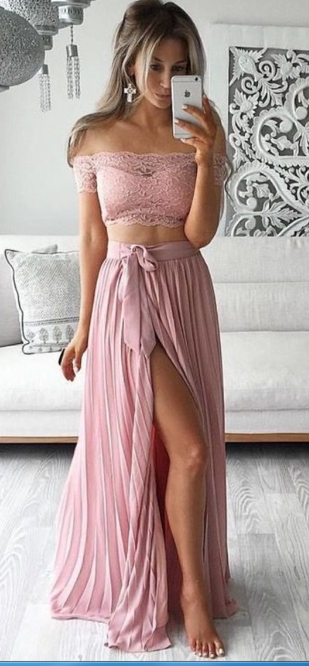 Two Piece Prom Dresses, Lace Prom Dresses, Dusty Pink Prom Dresses, Chiffon Prom Dresses, Long Prom Dresses, Prom Dresses