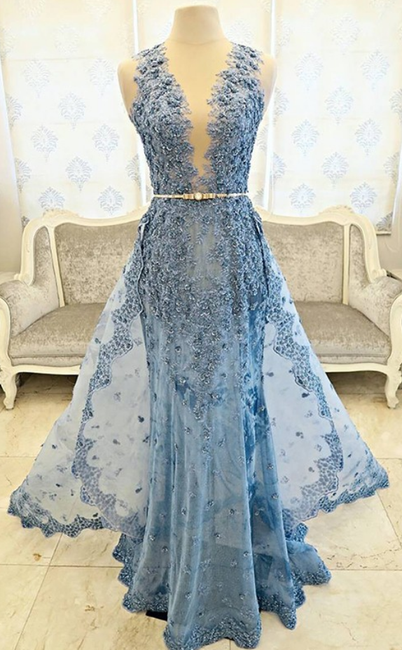 Blue Sheath Illusion Prom Dress With Belt Lace Detachable Train