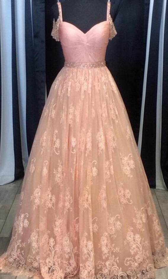 Spaghetti Straps Pink Lace Prom Dresses,girly A-line Prom Gowns,formal Evening Dresses,long Prom Dress,dresses For Teens,women Dresses