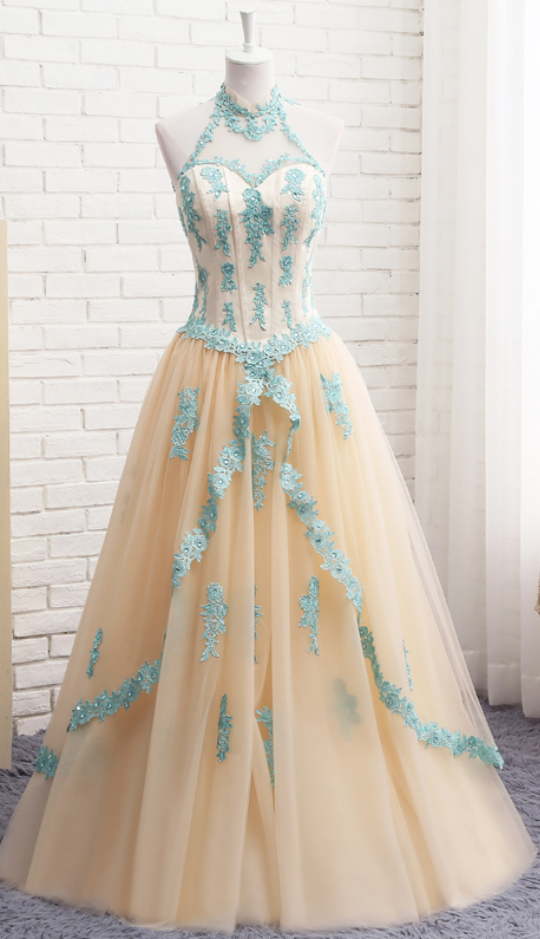 High Neck Royal Blue Puffy Quinceanera Dresses Appliques