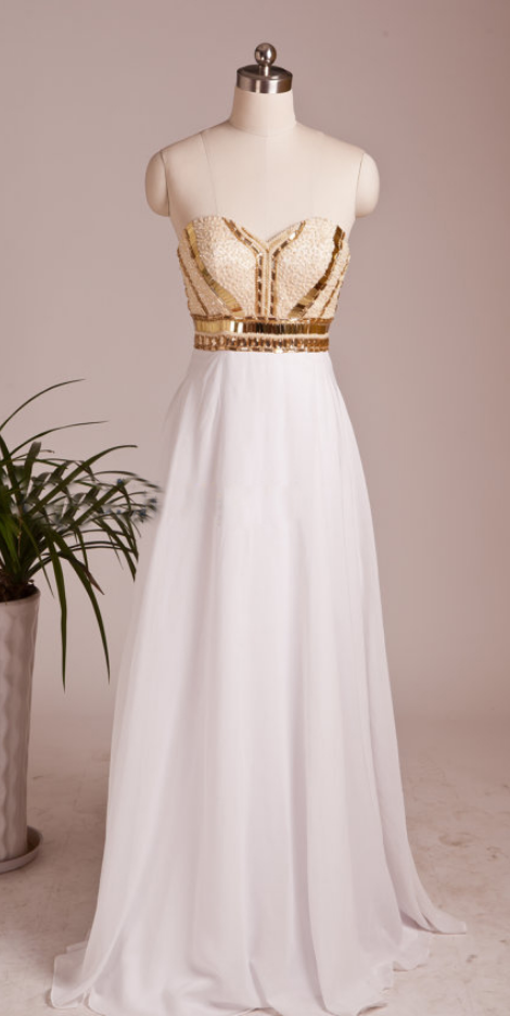 Gold White Prom Dress,custom Prom Dress,a Line Prom Dress,sweetheart Prom Dresses,neck Floor Length Prom Dresses, Dresses For Prom