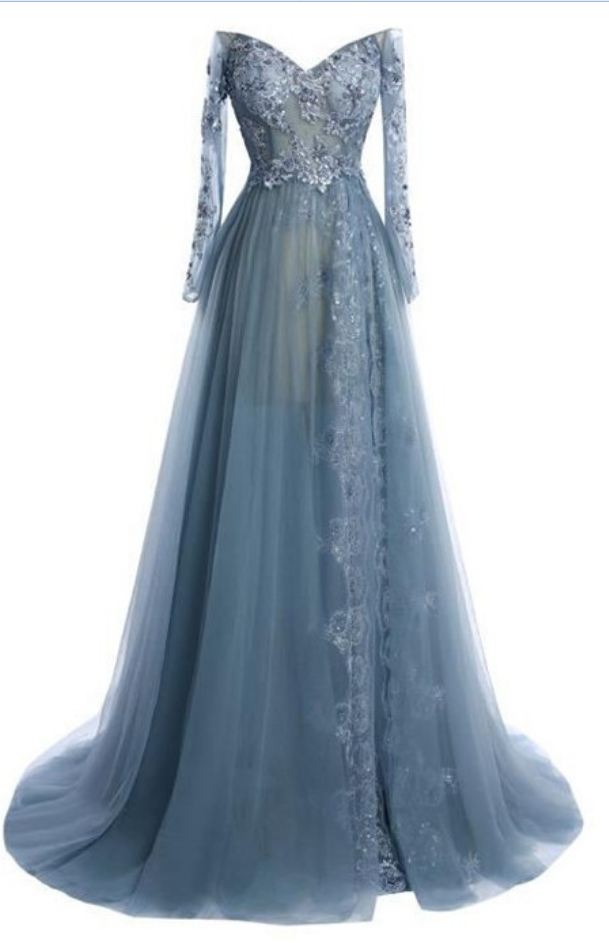 Latest A-line V-neck Tulle Court Train Appliques Lace Long Sleeve Prom Dresses