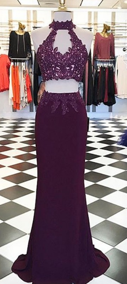 Lace Appliques Two-piece Prom Dress Featuring High Halter Crop Top Featuring Cutout, Floor Length Chiffon Trumpet Skirt, And Lace-up Open Back