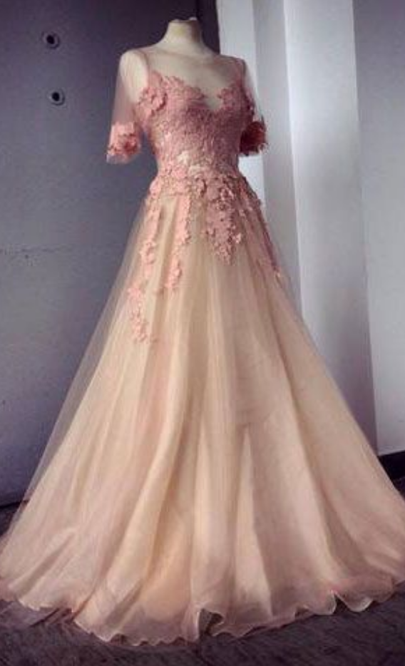 Appliques And Tulle Prom Dresses, Floor-length Prom Dresses, Sexy Prom Dresses, Half Sleeve Prom Dresses, Charming Evening Dresses