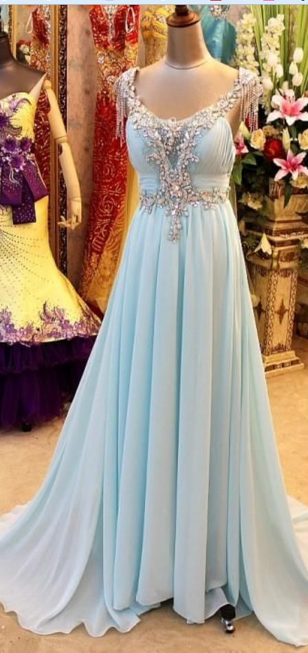 Pretty Light Blue Long Prom Dress With Beadings, Sexy Prom Dresses, Prom Dresses